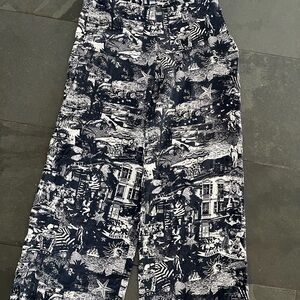 Faconnable Blue&White Graphic Pants Paris France wideleg flowy w/pockets 38 silk
